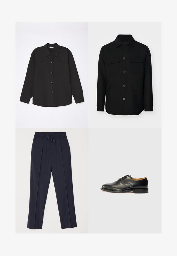 Zwarte shirtjack gemaakt van een gladde stof. Heeft een puntkraag, knopen aan de voorkant en twee borstzakken met kleppen. Lange mouwen.; sandro JOKER - Overhemd - noir; Marineblauwe broeken met een elastische tailleband en koord. Voorzien van twee voorplooien en taps toelopende benen voor een gestructureerd silhouet.; Zwarte leren nette schoen met een gladde afwerking, ronde neus en minimale veters. Beschikt over een subtiel ontwerp en een lage, stevige rubberen zool.