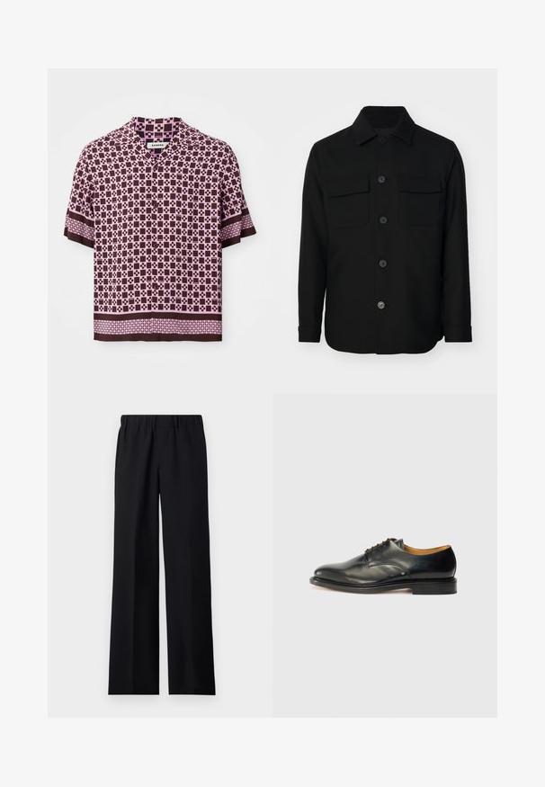 Fekete ingdzseki sima anyagból készült. Éles gallérral, elülső gombokkal és két mellzsebbel rendelkezik, fedéllel. Hosszú ujjakkal.; Rövid ujjú ing, amely barna és rózsaszín geometrikus mintával rendelkezik. Könnyű anyagból készült, galléros nyakkivágással és gombos záródással.; sandro LARGE - Nadrágok - noir; Fekete bőr dresszcipő sima felülettel, kerek orral és minimális fűzéssel. Diszkrét dizájn jellemzi, alacsony, masszív gumitalpakkal.