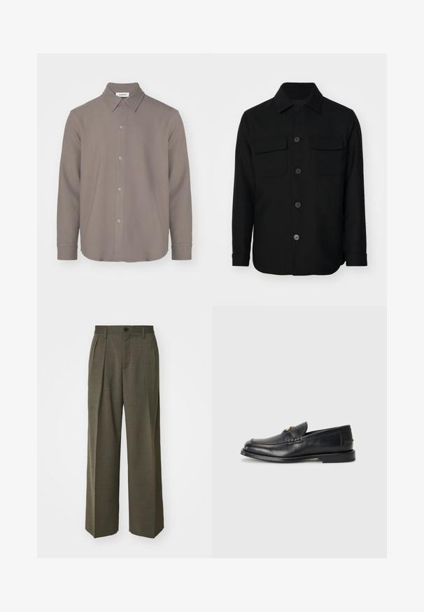 Veste noire en tissu lisse. Dotée d'un col pointu, de boutons sur le devant, et de deux poches poitrine avec rabats. Manches longues.; Chemise à manches longues avec col en matériau brun atténué, dotée d'un devant à boutons, d'un ourlet arrondi et d'une texture lisse avec un minimum de détails.; Filippa K WIDE TROUSERS - Pantalon classique - driftwood; Des mocassins en cuir noir présentent un bout arrondi, des détails cousus et un petit accent doré à l'avant. La semelle est plate et discrète.
