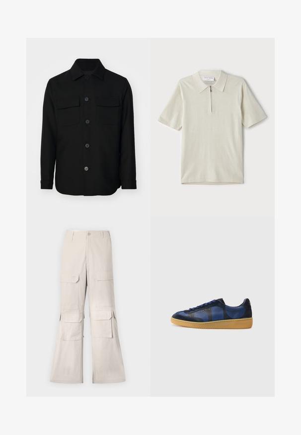 Jachetă neagră dintr-un material neted. Are un guler ascuțit, deschidere cu nasturi în față și două buzunare pe piept cu clapete. Mâneci lungi.; Tricou polo cu mânecă scurtă, de culoare bej deschis, cu guler cu fermoar. Confecționat dintr-un material fin, are un design simplu și modern, fără modele.; Pantaloni cargo bej cu o croială relaxată, dotati cu mai multe buzunare cu clapetă pe laterale și un sistem de închidere cu buton. Realizați dintr-un material ușor.; Adidași bleumarin dintr-un amestec de nubuc și piele, cu modele circulare, șireturi violet și talpă din cauciuc de gumă. Logo-ul de brand auriu pe lateral.