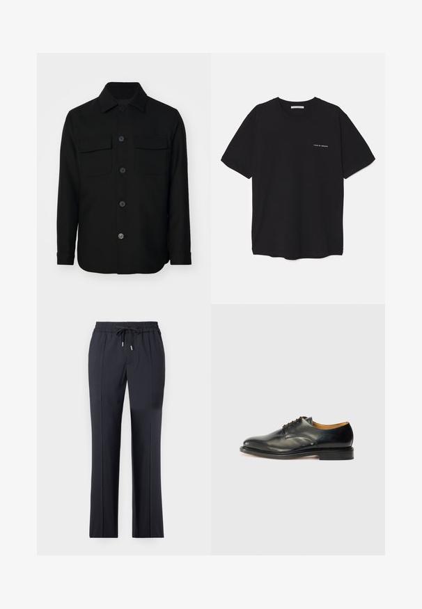 Fekete ingdzseki sima anyagból készült. Éles gallérral, elülső gombokkal és két mellzsebbel rendelkezik, fedéllel. Hosszú ujjakkal.; Fekete pamut T-shirt kerek nyakkivágással, rövid ujjakkal, és fehér logónyomattal a bal mellrészen. Egyszerű, egyszínű dizájn.; Fekete, rugalmas nadrág gumis derékrésszel és zsinórral. Egyenes szabású, oldalsó zsebekkel és sima, puha textúrával.; Fekete bőr dresszcipő sima felülettel, kerek orral és minimális fűzéssel. Diszkrét dizájn jellemzi, alacsony, masszív gumitalpakkal.