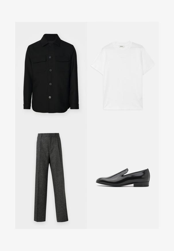 Giacca nera in tessuto liscio. Presenta un colletto a punta, bottoni frontali e due tasche sul petto con patte. Maniche lunghe.; T-shirt bianco in cotone con collo rotondo, maniche corte e un logo discreto stampato sul davanti. Texture liscia e design semplice.; Pantaloni grigi su misura realizzati in tessuto strutturato, con due pieghe frontali e un design a gamba dritta. Nessuna tasca o decorazione visibile.; Scarpa slip-on in pelle verniciata nera con punta arrotondata, dettagli di cucitura minimi e tacco basso a blocco. Texture liscia, design elegante.