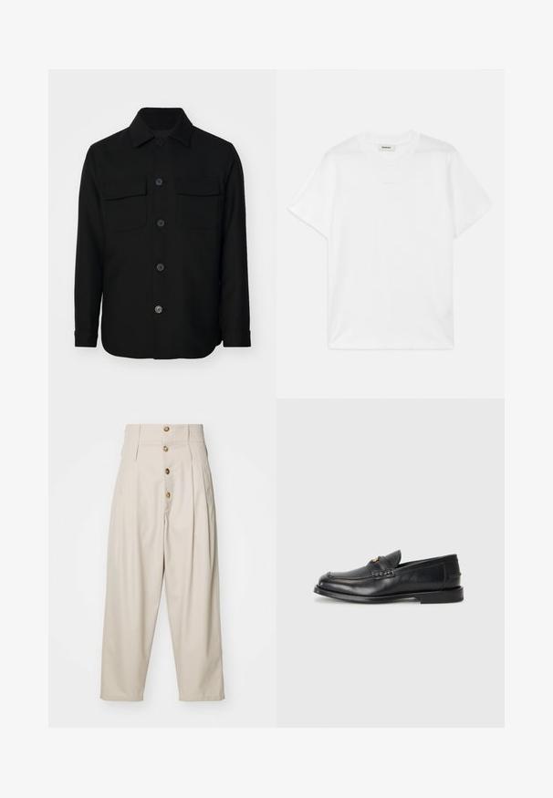 Juodas švarkas, pagamintas iš lygaus audinio. Savybės: smailus apykaklė, priekiniai mygtukai ir dvi krūtinės kišenės su sklendėmis. Ilgos rankovės.; Balta medvilninė marškinėlių su apvaliu kaklu, trumpomis rankovėmis ir subtiliu logotipu, spausdintu priekyje. Lygus paviršius ir paprastas dizainas.; Šviesiai rudos, aukštu juosmeniu kelnės su tiesiu kirpimu, turinčios keturis priekiniai mygtukus, klostes ir šonines kišenes. Lygus audinio paviršius.; Juodi odiniai loaferiai turi apvalų nykštį, siuvinėtus detalės ir mažą aukso akcentą priekyje. Padas yra plokščias ir diskretiškas.