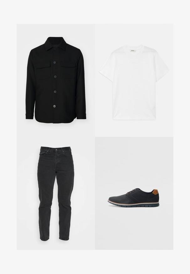 Chaqueta negra de camisa hecha de una tela suave. Presenta un collar puntiagudo, botones en la parte delantera y dos bolsillos en el pecho con solapas. Mangas largas.; Camiseta de algodón blanca con cuello redondo, mangas cortas y un logotipo sutil impreso en el frente. Textura suave y diseño simple.; Jeans de denim negro con un corte recto, cinco bolsillos, cierre frontal con botón y costuras en contraste. Textura suave con un leve desgaste visible.; Zapatos sintéticos negros con un upper texturizado, acentos lisos, tacón marrón y una suela en contraste. Presenta un cordón mínimo y detalles de costura.
