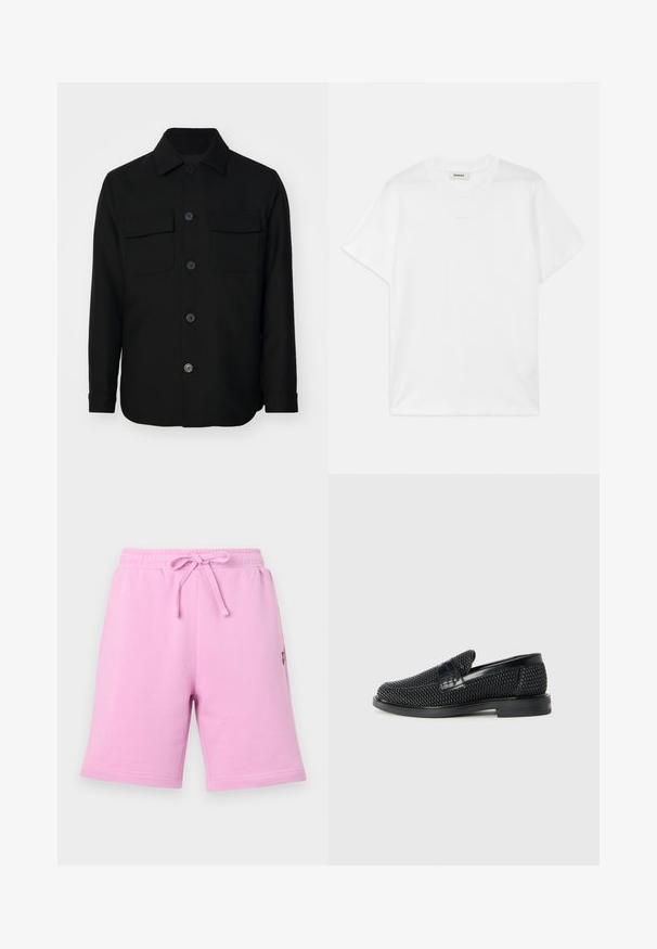 Chaqueta negra de camisa hecha de una tela suave. Presenta un collar puntiagudo, botones en la parte delantera y dos bolsillos en el pecho con solapas. Mangas largas.; Camiseta de algodón blanca con cuello redondo, mangas cortas y un logotipo sutil impreso en el frente. Textura suave y diseño simple.; Pantalones cortos de algodón rosa con cintura elástica y cordón ajustable. Cuenta con un bolsillo lateral y un pequeño detalle de logo.; Zapato negro de tejido con un acento de cuero suave en la parte superior, diseño de punta redonda y suela de goma de perfil bajo.