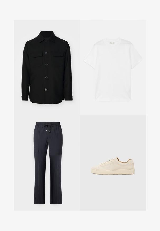 Black shirt jacket made of a smooth fabric. Features a pointed collar, front buttons, and two chest pockets with flaps. Long sleeves.; White cotton t-shirt with a round neck, short sleeves, and a subtle logo printed on the front. Smooth texture and simple design.; Black, stretchy trousers with an elastic waistband and drawstring. Straight cut with side pockets and a smooth, soft texture.; Beige suede sneaker with a low-top design, round toe, flat laces, and a textured rubber sole. Minimalist style with no visible logos.
