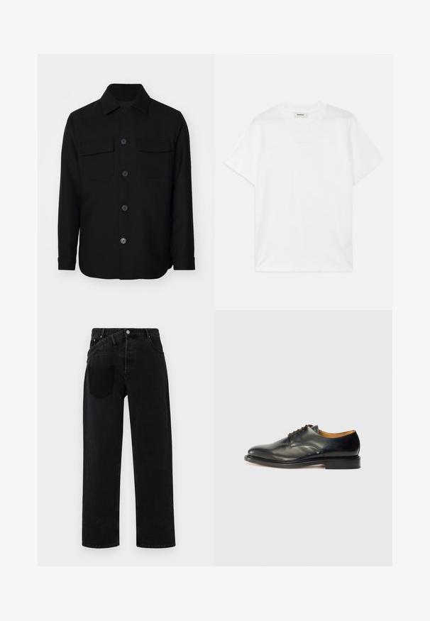 Črna srajcna jakna iz gladkega materiala. Ima oglat ovratnik, sprednje gumbe in dva žepa na prsih z poklopcema. Dolgi rokavi.; Bela bombažna majica s krobnim ovratnikom, kratkimi rokavi in subtilnim logotipom, natisnjenim spredaj. Gladka tekstura in preprost dizajn.; Črne jeans hlače s ravnimi nogavicami, z zapiranjem na gumb spredaj, petimi žepi in enim zadnjim žepom na desni strani.; Črne usnjene oblečne čevlje z gladko površino, zaobljenim nosom in minimalnim vezanjem. Imajo diskretnem oblikovanju in nizkim, trdim gumijastim podplatom.