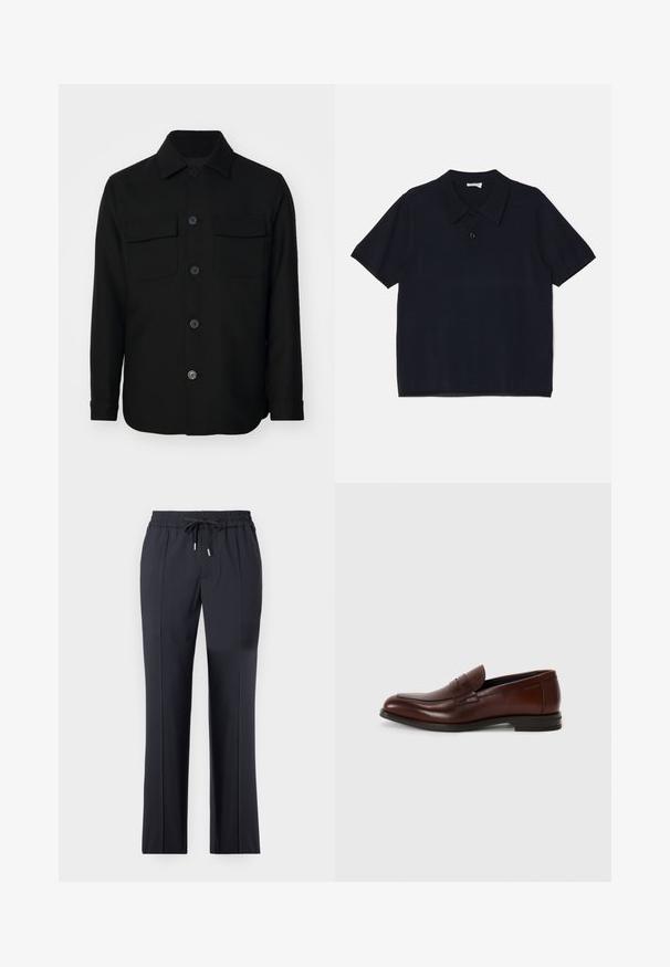 Veste noire en tissu lisse. Dotée d'un col pointu, de boutons sur le devant, et de deux poches poitrine avec rabats. Manches longues.; Polo noir à manches courtes en tissu doux et léger. Il présente un col classique et une fermeture à boutons sur le devant.; Pantalons noirs extensibles avec une taille élastique et un cordon de serrage. Coupe droite avec poches latérales et texture lisse et douce.; Mocassins en cuir marron avec un bout rond, détail de bande à l'avant et un petit talon empilé. Texture lisse avec des accents décoratifs minimaux.