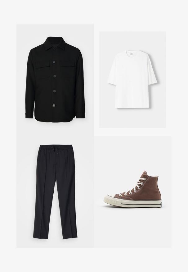 Zwarte shirtjack gemaakt van een gladde stof. Heeft een puntkraag, knopen aan de voorkant en twee borstzakken met kleppen. Lange mouwen.; Witte t-shirt met korte mouwen, gemaakt van katoen, met een ronde halslijn en een relaxte pasvorm. Gladde textuur, zonder zichtbare patronen of accenten.; sandro ALPHA - Chino - noir; Hoge bruine canvas sneaker met witte veters, rubberen teenkap en zwarte streep op de zool. Kenmerkt zich door witte stiksels en een klassiek ontwerp.