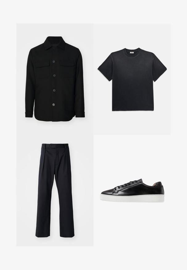 Musta takki, joka on valmistettu sileästä kankaasta. Siinä on terävä kaulus, etupainikkeet ja kaksi rintataskua läpällä. Pitkät hihat.; Mustanmusta puuvillapaita, jossa on pyöreä kaula-aukko ja lyhyet hihat. Ominaisuudet: rento istuvuus, sileä rakenne ja minimalistinen muotoilu.; Mustat housut, jotka on valmistettu sileästä kankaasta, suoralahkeiset, etupuolella laskokset ja vyötäröllä yksi nappi.; Mustat nahkasneakerit, joissa on sileä pinta, valkoinen kumipohja, nauhakiinnitys ja minimalistiset muotoiluelementit.