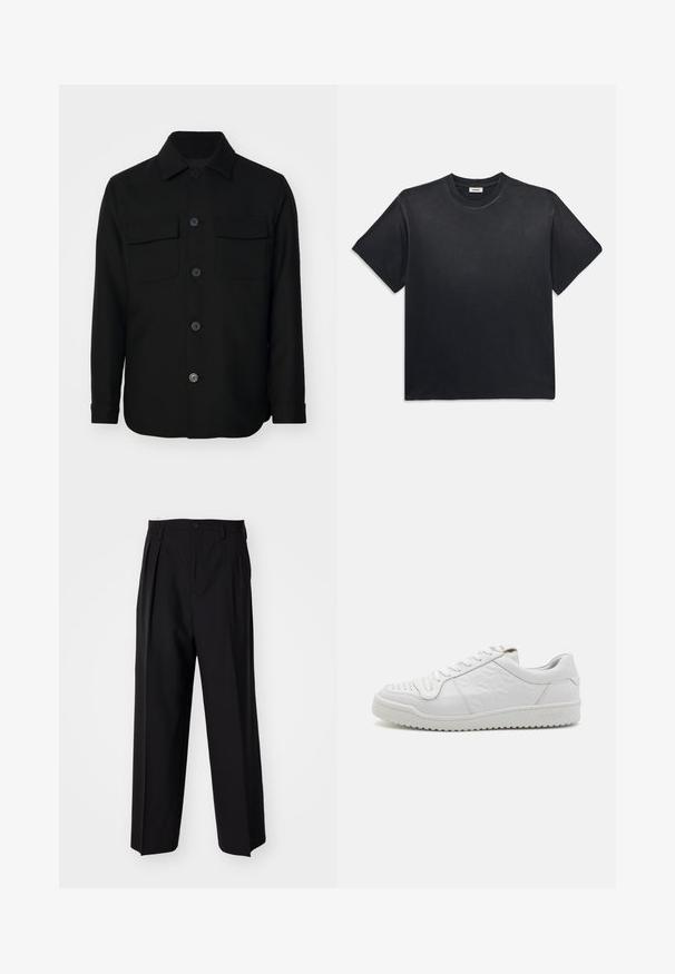 Jachetă neagră dintr-un material neted. Are un guler ascuțit, deschidere cu nasturi în față și două buzunare pe piept cu clapete. Mâneci lungi.; Tricou negru din bumbac, cu guler rotund și mâneci scurte. Prezintă o croială lejeră, o textură fină și un design minimalist.; Pantaloni negri plisat cu un design drept și pantaloni largi. Construiți dintr-un material neted, prevăzuți cu închidere cu nasture și bucle pentru curea.; Adidași din piele albă cu un panou lateral texturat și vârf perforat, având șireturi plate și o talpă din cauciuc ridicată. Numele mărcii "SANDRO" embosat pe toc.