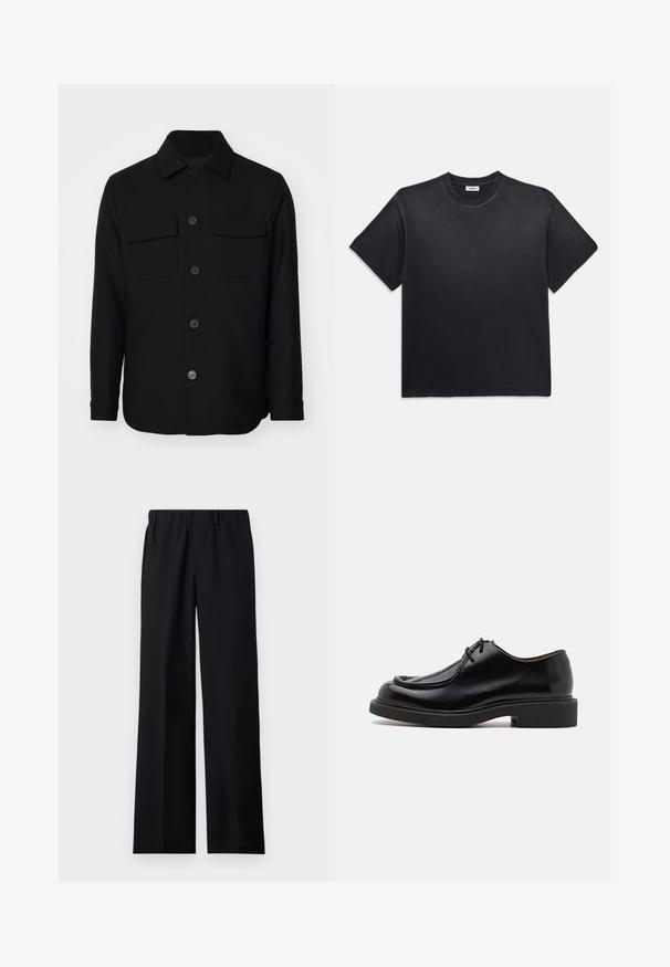 Must mustriga särk, mis on valmistatud siledast kangast. Omab teravat kaelust, esist muudatused ning kahte rinna taskut lipukestega. Pika varrukaga.; Must märk puuvillane T-särk ümmarguse kaelusega ja lühikeste varrukatega. Omab lõdvat istuvust, sujuvat tekstuuri ja minimalistlikku disaini.; sandro LARGE - Püksid - noir; Must musta kingad ümarate varvastega, niiditud detailide ja minimaalsete paeltega, paksu kummist tallaga, mis tagab haardumise ja vastupidavuse.