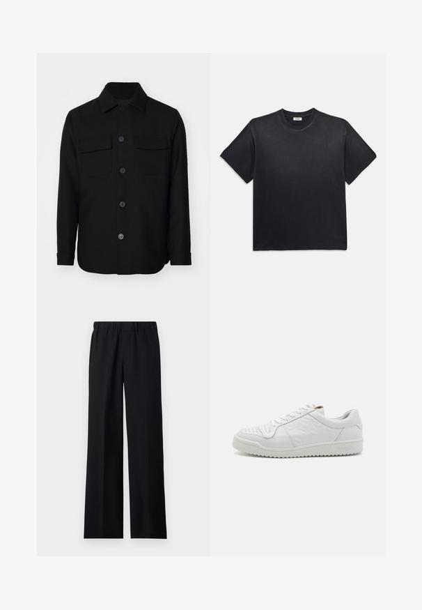 Černá košile s bundou vyrobená z hladké tkaniny. Má špičatý límec, přední knoflíky a dvě náprsní kapsy s klopami. Dlouhé rukávy.; Černé bavlněné tričko s kulatým výstřihem a krátkým rukávem. Má uvolněný střih, hladkou strukturu a minimalistický design.; sandro LARGE - Kalhoty - noir; Bílé kožené tenisky s texturovanou boční částí a perforovanou špičkou, s plochými tkaničkami a vyvýšenou gumovou podrážkou. Název značky "SANDRO" vyražený na patě.