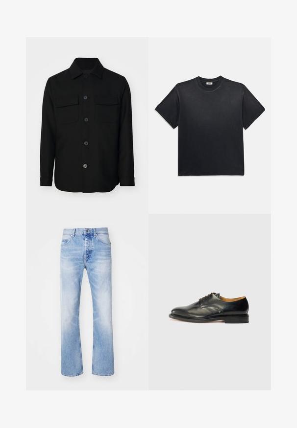 Melnas krekla jakas, kas izgatavota no gludas auduma. Iezīmes punktota apkakle, priekšējie pogas un divas krūšu kabatas ar atloka. Garas piedurknes.; Melna kokvilnas T-kreklā ar apaļu kakla izgriezumu un īsām piedurknēm. Iezīmējas ar brīvu piegriezumu, gludu tekstūru un minimālistisku dizainu.; Gai zila denima bikses ar taisnu kāju dizainu, kas iezīmē klasisku piecu kabatu stilu un maigu izbalējušu rakstu.; Melnas ādas kleitu kurpes ar gludu apdari, noapaļota purngala forma un minimālas saites. Iezīmējas ar niansētu dizainu un zemu, stabilu gumijas zoli.