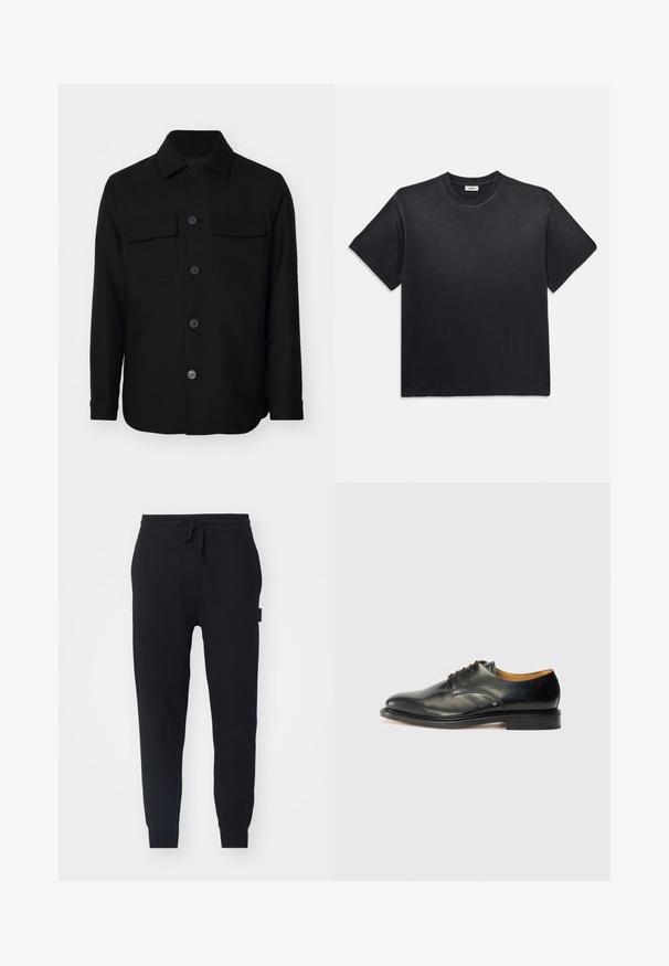 Czarna kurtka koszulowa wykonana z gładkiego materiału. Posiada spiczasty kołnierz, guziki z przodu oraz dwie kieszenie na piersi z klapkami. Długie rękawy.; Czarna bawełniana koszulka z okrągłym dekoltem i krótkimi rękawami. Charakteryzuje się luźnym krojem, gładką teksturą oraz minimalistycznym wzornictwem.; sandro - Spodnie treningowe; Czarne skórzane buty eleganckie z gładkim wykończeniem, okrągłym noskiem i minimalnym sznurowaniem. Charakteryzują się subtelnym wzornictwem oraz niską, solidną gumową podeszwą.