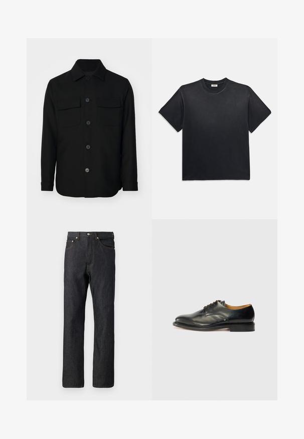 Chaqueta negra de camisa hecha de una tela suave. Presenta un collar puntiagudo, botones en la parte delantera y dos bolsillos en el pecho con solapas. Mangas largas.; Camiseta negra de algodón con cuello redondo y mangas cortas. Presenta un corte relajado, una textura suave y un diseño minimalista.; Jeans de mezclilla azul oscuro con un diseño de pierna recta. Presentan cinco bolsillos, costuras naranjas y un cierre de botón en la cintura.; Zapato de vestir de piel negra con un acabado liso, puntera redondeada y minimalismo en el cordón. Presenta un diseño sutil y una suela de goma baja y robusta.