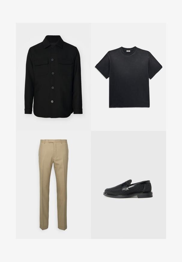 Musta takki, joka on valmistettu sileästä kankaasta. Siinä on terävä kaulus, etupainikkeet ja kaksi rintataskua läpällä. Pitkät hihat.; Mustanmusta puuvillapaita, jossa on pyöreä kaula-aukko ja lyhyet hihat. Ominaisuudet: rento istuvuus, sileä rakenne ja minimalistinen muotoilu.; Beige-harmaateet, jotka on valmistettu kudotusta kankaasta ja joissa on suora lahkeiden muotoilu, taitteet sekä klassinen vyötärö vyölenkeillä.; Musta kudottu liukupohjallinen kenka, jossa on sileä nahkakorostus päällisessä, pyöreä kärki ja matala kumipohja.