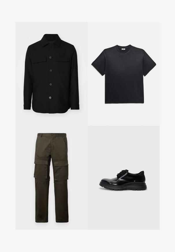 Juodas švarkas, pagamintas iš lygaus audinio. Savybės: smailus apykaklė, priekiniai mygtukai ir dvi krūtinės kišenės su sklendėmis. Ilgos rankovės.; Juodas medvilninis marškinėliai su apvaliu kaklu ir trumpomis rankovėmis. Turi laisvą siluetą, lygią tekstūrą ir minimalistinį dizainą.; Tamsiai alyvuogių spalvos cargo kelnės su keliomis didelėmis priekinėmis ir šlaunų kišenėmis, sagčių uždarymu ir siūtomis kelių panelėmis ant baltos fono.; Juodas odinis batelis su raišteliais, su lygia danga, patvaria gumine padanga ir suapvalintu pirštu. Yra auselės raišteliams ir subtilus ženklinimas.