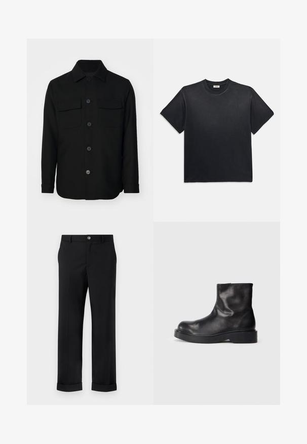 Must mustriga särk, mis on valmistatud siledast kangast. Omab teravat kaelust, esist muudatused ning kahte rinna taskut lipukestega. Pika varrukaga.; Must märk puuvillane T-särk ümmarguse kaelusega ja lühikeste varrukatega. Omab lõdvat istuvust, sujuvat tekstuuri ja minimalistlikku disaini.; Mustad püksid sileda kangaga, sirge lõikega, esikortsuga, nööbiga kinnitamise ja käiste rullitud servaga.; Mustad mustad nahast pahkluu saapad, ümmarguse varbaga, sileda tekstuuri ja massiivse musta kummitaldaga. Minimalistlik disain ilma nähtava riistvara.