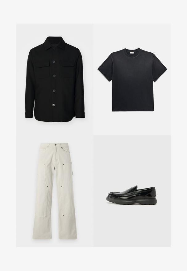 Čierna koženka vyrobená z hladkej textílie. Má špicatý golier, predné gombíky a dve náprsné vrecká s chlopňami. Dlhé rukávy.; Čierne bavlnené tričko s okrúhlym výstrihom a krátkymi rukávmi. Má voľný strih, hladkú textúru a minimalistický dizajn.; Široké béžové nohavice vyrobené z bavlny s hladkým povrchom, s náprsnými vreckami a kovovými detailmi.; Čierne kožené mokasíny s lesklým povrchom, okrúhlou špicou, subtilnými švami a hrubou gumovou podrážkou pre zvýšenú odolnosť.