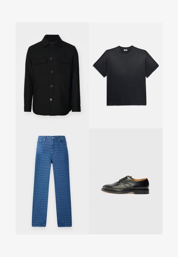 Melnas krekla jakas, kas izgatavota no gludas auduma. Iezīmes punktota apkakle, priekšējie pogas un divas krūšu kabatas ar atloka. Garas piedurknes.; Melna kokvilnas T-kreklā ar apaļu kakla izgriezumu un īsām piedurknēm. Iezīmējas ar brīvu piegriezumu, gludu tekstūru un minimālistisku dizainu.; Zilā džinsu bikses ar atkārtotu faktūru, piecu kabatu dizainu un pogu aizdari jostasvietā. Taisna kāju fasona.; Melnas ādas kleitu kurpes ar gludu apdari, noapaļota purngala forma un minimālas saites. Iezīmējas ar niansētu dizainu un zemu, stabilu gumijas zoli.