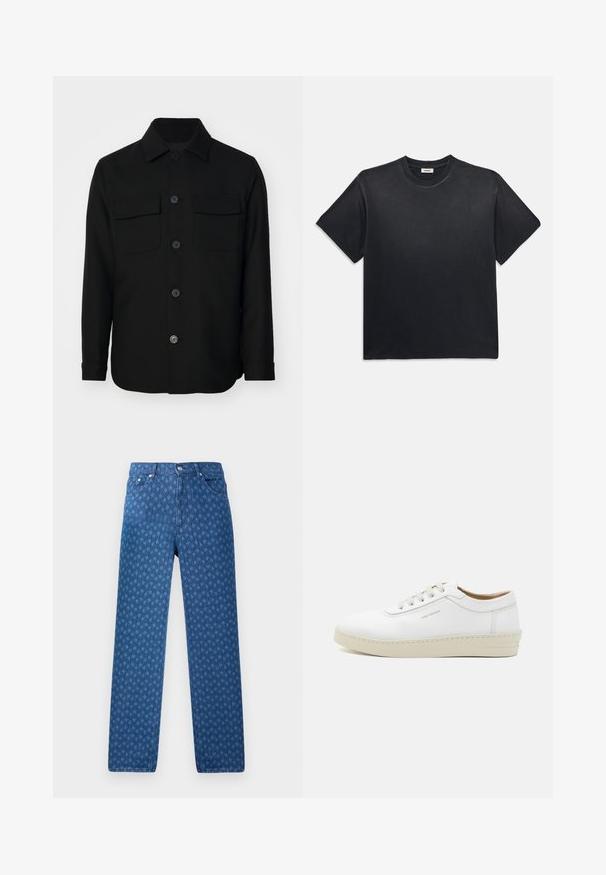 Jachetă neagră dintr-un material neted. Are un guler ascuțit, deschidere cu nasturi în față și două buzunare pe piept cu clapete. Mâneci lungi.; Tricou negru din bumbac, cu guler rotund și mâneci scurte. Prezintă o croială lejeră, o textură fină și un design minimalist.; Jeans din denim albastru, cu un model texturat repetitiv, design cu cinci buzunare și închidere cu nasture la talie. Croială dreaptă.; Sneaker alb din piele cu un finisaj texturat, vârf rotund, talpă din cauciuc bej și șase ochiuri pentru șireturi gri, având un logo subtil pe lateral.