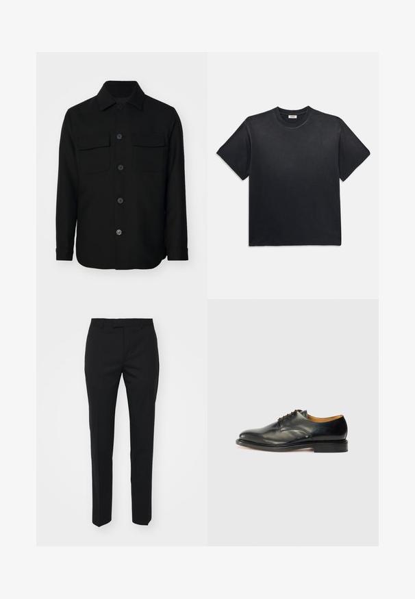 Musta takki, joka on valmistettu sileästä kankaasta. Siinä on terävä kaulus, etupainikkeet ja kaksi rintataskua läpällä. Pitkät hihat.; Mustanmusta puuvillapaita, jossa on pyöreä kaula-aukko ja lyhyet hihat. Ominaisuudet: rento istuvuus, sileä rakenne ja minimalistinen muotoilu.; Musta housut suoran lahkeen muotoilulla, valmistettu sileästä kankaasta. Ominaisuuksiin kuuluu etupuolelle ommellut taitteet, liukupocketit ja litteä vyötärö.; Musta nahkakengät sileällä pinnalla, pyöreällä kärjellä ja vähäisellä nauhoituksella. Ominaisuuksiin kuuluu huomaamaton muotoilu ja matala, kestävä kumipohja.