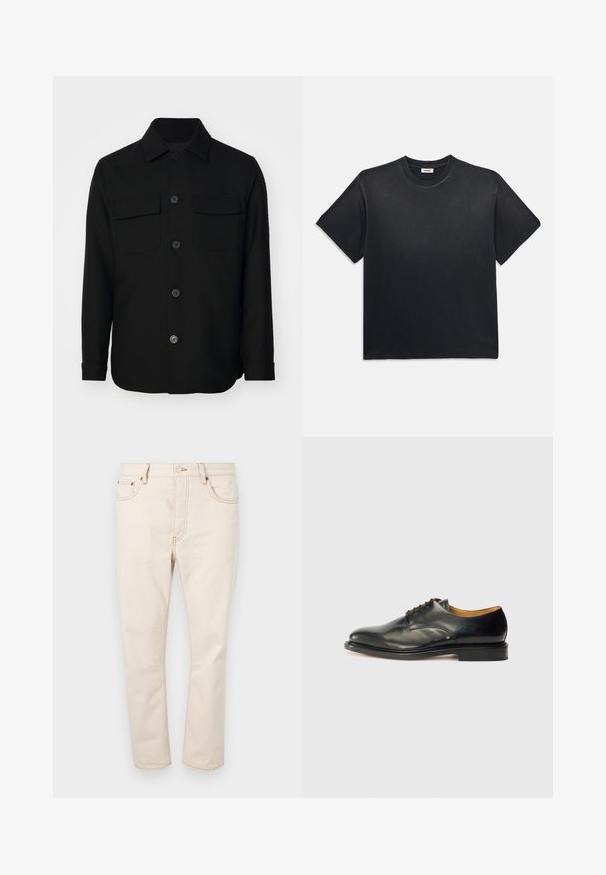Giacca nera in tessuto liscio. Presenta un colletto a punta, bottoni frontali e due tasche sul petto con patte. Maniche lunghe.; T-shirt in cotone nero con scollatura rotonda e maniche corte. Presenta una vestibilità comoda, una texture liscia e un design minimalista.; Jeans in denim beige con taglio dritto, dotati di cinque tasche, cuciture a contrasto e chiusura con bottone in vita.; Scarpa da uomo in pelle nera con finitura liscia, punta rotonda e lacci minimi. Presenta un design sobrio e una suola in gomma bassa e robusta.