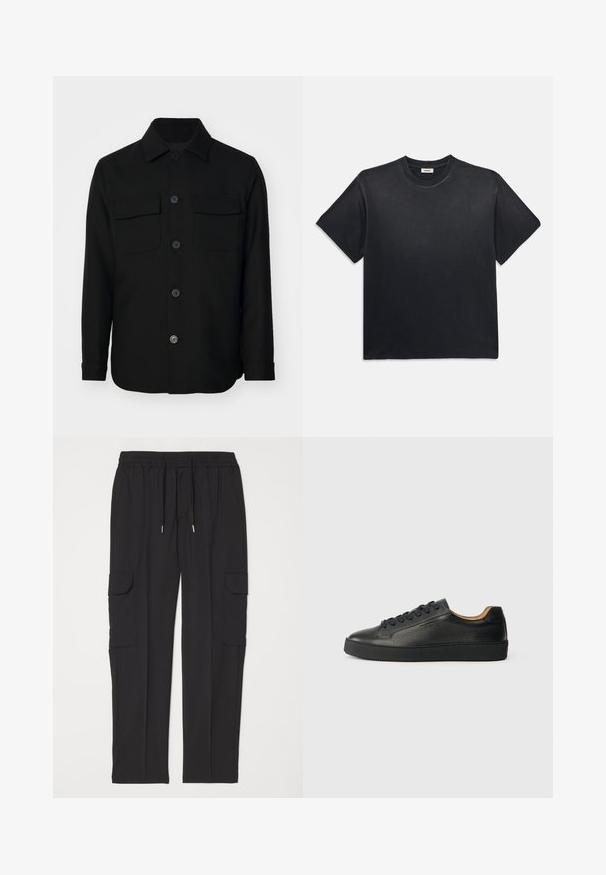 Must mustriga särk, mis on valmistatud siledast kangast. Omab teravat kaelust, esist muudatused ning kahte rinna taskut lipukestega. Pika varrukaga.; Must märk puuvillane T-särk ümmarguse kaelusega ja lühikeste varrukatega. Omab lõdvat istuvust, sujuvat tekstuuri ja minimalistlikku disaini.; Mustad must pantsid pehmest kangast, millel on elastne vöökoht ja nöör, kaks külge taskut ning kaks külge cargo taskut.; Mustad mustade nahast madalad sneakersid tekstureeritud pinnaga, mustade paeltega ja paksu kummitaldaga, kujutatud külgvaates heledal taustal.