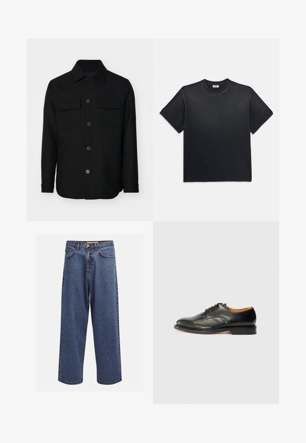 Svart skjortjacka tillverkad av ett slätt tyg. Har en spetsig krage, framknappar och två bröstfickor med lock. Långa ärmar.; Svart bomullströja med rund halsringning och korta ärmar. Har en avslappnad passform, slät textur och minimalistisk design.; Bredbenta blå denimjeans med en urtvättad finish, med en knäppning framtill, fem fickor och kontrasterande sömmar längs sömmarna.; Svart lädersko med slät yta, rund tå och minimal snörning. Har en diskret design och en låg, stabil gummisula.