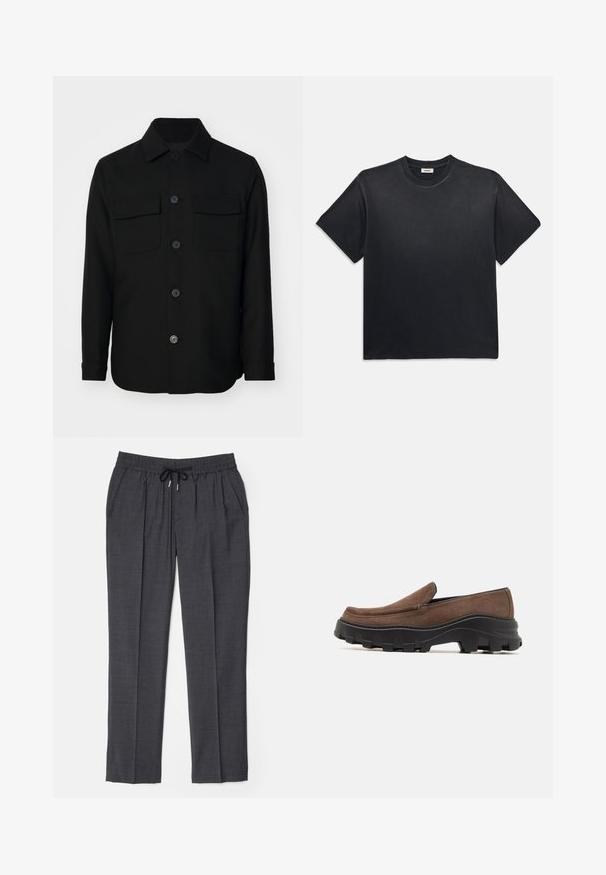 Černá košile s bundou vyrobená z hladké tkaniny. Má špičatý límec, přední knoflíky a dvě náprsní kapsy s klopami. Dlouhé rukávy.; Černé bavlněné tričko s kulatým výstřihem a krátkým rukávem. Má uvolněný střih, hladkou strukturu a minimalistický design.; Tmavě šedé elastické kalhoty s černým stahováním v pase, bočními kapsami a rovně střiženými nohavicemi.; Hnědé semišové nazouvací boty s mohutnou černou gumovou podrážkou se silnými vzory pro trakci a hladkým, zaobleným designem špičky.