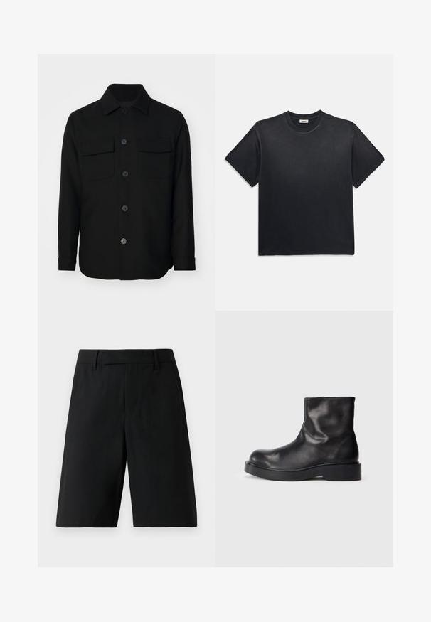 Must mustriga särk, mis on valmistatud siledast kangast. Omab teravat kaelust, esist muudatused ning kahte rinna taskut lipukestega. Pika varrukaga.; Must märk puuvillane T-särk ümmarguse kaelusega ja lühikeste varrukatega. Omab lõdvat istuvust, sujuvat tekstuuri ja minimalistlikku disaini.; Mustad põlvikuti lõpetavad lühikesed pükste valmistus, millel on vööpaanid, lamedad esiosad ja küljetaskud heledal ühetoonilisel taustal.; Mustad mustad nahast pahkluu saapad, ümmarguse varbaga, sileda tekstuuri ja massiivse musta kummitaldaga. Minimalistlik disain ilma nähtava riistvara.