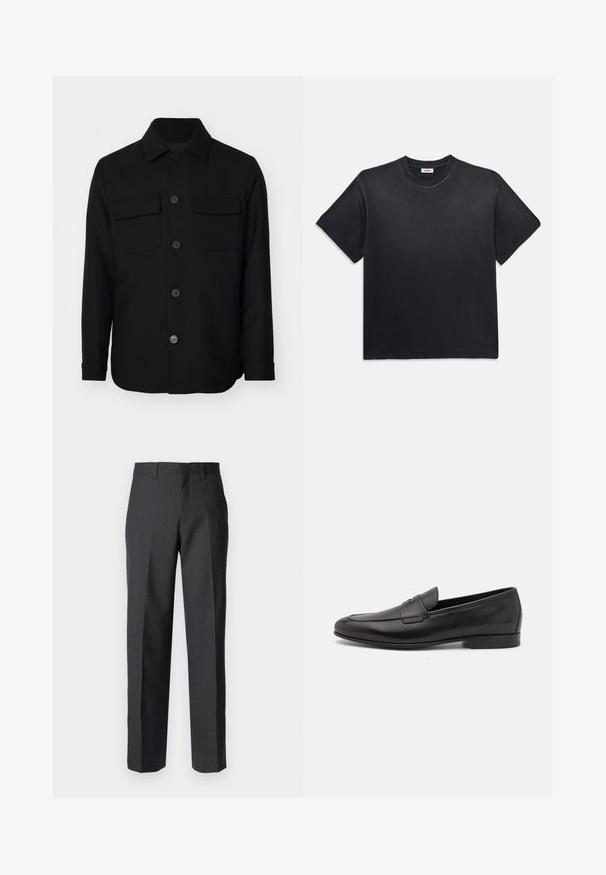 Czarna kurtka koszulowa wykonana z gładkiego materiału. Posiada spiczasty kołnierz, guziki z przodu oraz dwie kieszenie na piersi z klapkami. Długie rękawy.; Czarna bawełniana koszulka z okrągłym dekoltem i krótkimi rękawami. Charakteryzuje się luźnym krojem, gładką teksturą oraz minimalistycznym wzornictwem.; Ciemnoszare dopasowane spodnie, z płaskim przodem, szlufkami na pasek i prostym krojem nogawek; gładka tekstura, bez widocznych wzorów.; Czarne skórzane męskie loafersy z niskim obcasem i klasycznym paskiem penny, przedstawione w profilu bocznym na białym tle.