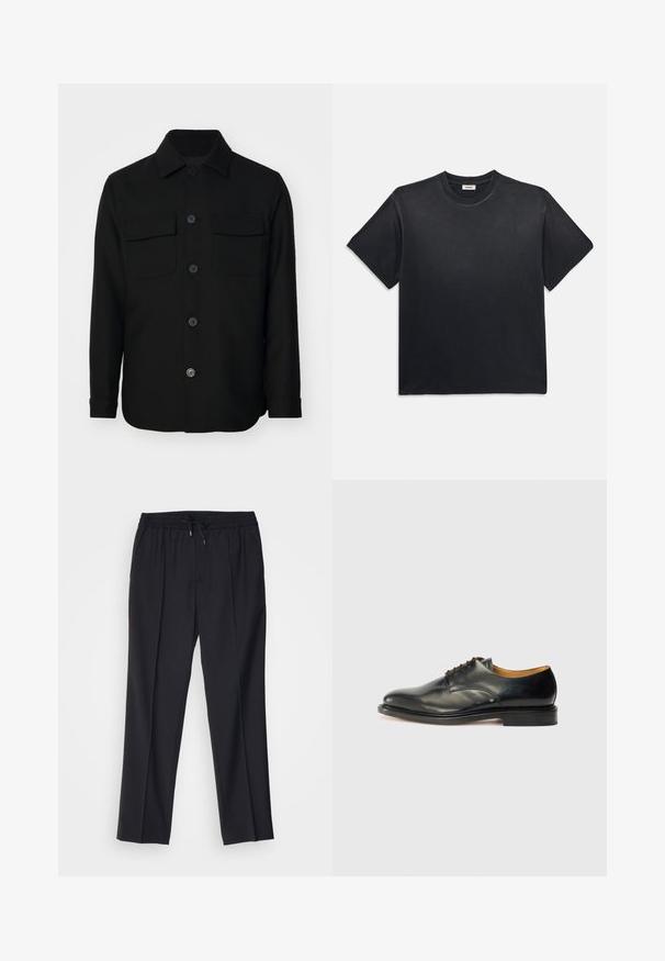 Black shirt jacket made of a smooth fabric. Features a pointed collar, front buttons, and two chest pockets with flaps. Long sleeves.; Black cotton t-shirt with a round neckline and short sleeves. Features a relaxed fit, smooth texture, and minimalistic design.; sandro ALPHA - Chinos - noir; Black leather dress shoe with a smooth finish, rounded toe, and minimal lacing. Features a subtle design and a low, sturdy rubber sole.