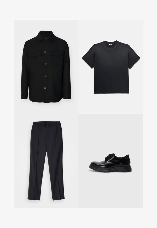 Schwarze Jacke aus glattem Stoff. Mit spitzem Kragen, Frontknöpfen und zwei Brusttaschen mit Klappen. Lange Ärmel.; Schwarzes Baumwoll-T-Shirt mit rundem Ausschnitt und kurzen Ärmeln. Verfügt über eine lockere Passform, eine glatte Textur und ein minimalistisches Design.; sandro ALPHA - Chino - noir; Schwarze Leder-Schnürschuhe mit glatter Oberfläche, strapazierfähiger Gummisohle und abgerundeter Zehenpartie. Mit Ösen für die Schnürsenkel und dezentem Branding.