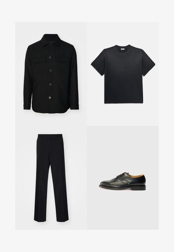 Czarna kurtka koszulowa wykonana z gładkiego materiału. Posiada spiczasty kołnierz, guziki z przodu oraz dwie kieszenie na piersi z klapkami. Długie rękawy.; Czarna bawełniana koszulka z okrągłym dekoltem i krótkimi rękawami. Charakteryzuje się luźnym krojem, gładką teksturą oraz minimalistycznym wzornictwem.; Czarne spodni z szerokimi nogawkami, charakteryzujące się gładką teksturą i wyraźnymi fałdami, wykonane z tkaniny tkanej.; Czarne skórzane buty eleganckie z gładkim wykończeniem, okrągłym noskiem i minimalnym sznurowaniem. Charakteryzują się subtelnym wzornictwem oraz niską, solidną gumową podeszwą.