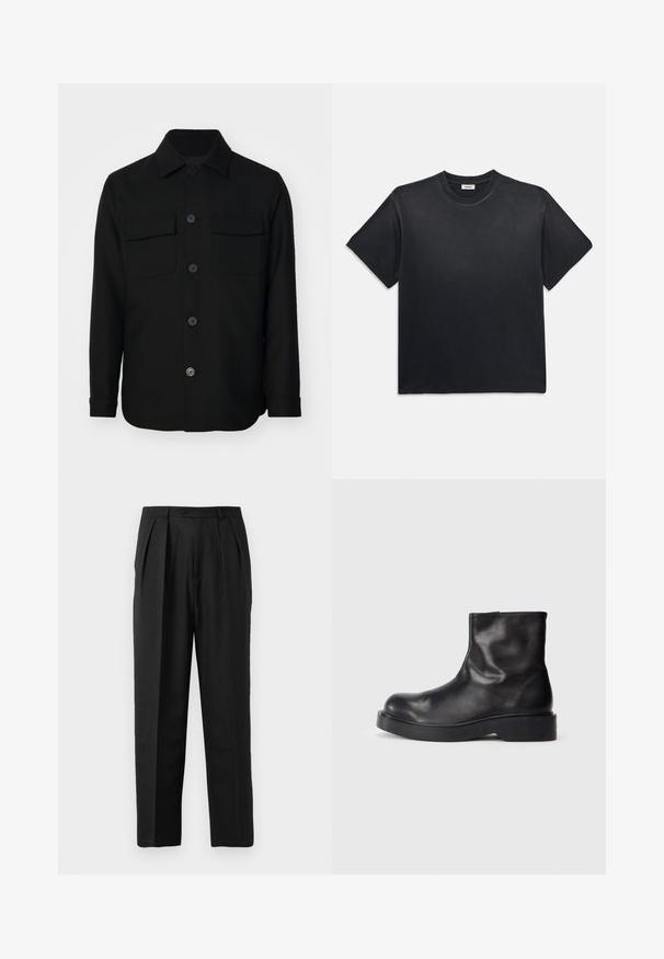 Zwarte shirtjack gemaakt van een gladde stof. Heeft een puntkraag, knopen aan de voorkant en twee borstzakken met kleppen. Lange mouwen.; Zwarte katoenen t-shirt met een ronde halslijn en korte mouwen. Heeft een ontspannen pasvorm, een gladde textuur en een minimalistisch ontwerp.; Zwarte geplooide broeken met een op maat gemaakte ontwerp, vervaardigd uit een gladde stof, met een knoopsluiting en een recht gesneden pijp.; Zwarte leren enkellaarsjes met een ronde neus, een gladde textuur en een robuuste zwarte rubberen zool. Minimalistisch design zonder zichtbare hardware.