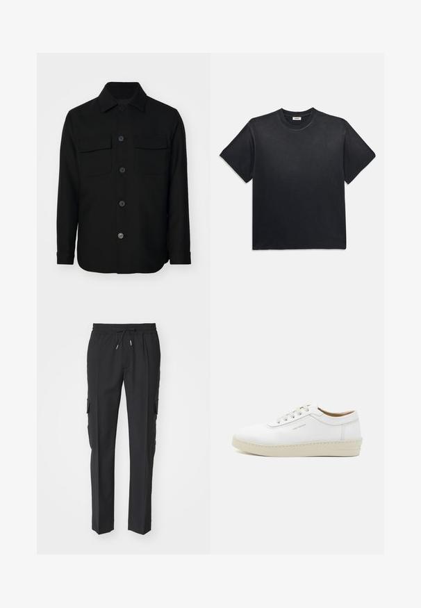 Černá košile s bundou vyrobená z hladké tkaniny. Má špičatý límec, přední knoflíky a dvě náprsní kapsy s klopami. Dlouhé rukávy.; Černé bavlněné tričko s kulatým výstřihem a krátkým rukávem. Má uvolněný střih, hladkou strukturu a minimalistický design.; Černé cargo kalhoty s elastickým pasem, bočními kapsami a úzkým střihem. Vyrobené z hladkého, lehkého materiálu.; Bílé kožené tenisky s texturovaným povrchem, kulatou špičkou, béžovou gumovou podrážkou a šesti šedými očky na šněrování, s jemným brandingem na boku.