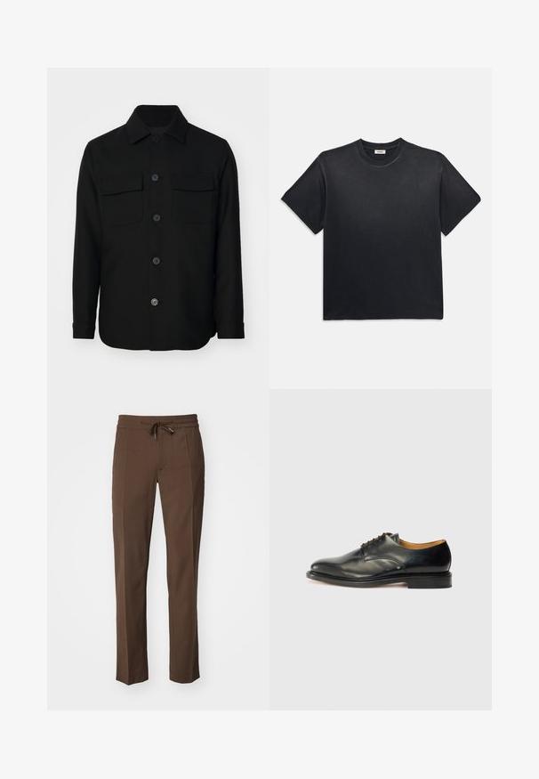 Must mustriga särk, mis on valmistatud siledast kangast. Omab teravat kaelust, esist muudatused ning kahte rinna taskut lipukestega. Pika varrukaga.; Must märk puuvillane T-särk ümmarguse kaelusega ja lühikeste varrukatega. Omab lõdvat istuvust, sujuvat tekstuuri ja minimalistlikku disaini.; Pruunid püksid, millel on tõmbluku elastne vöökoht, kitsenevad jalgadega ja siledast tekstuurist, kergelt eesmine disain ning ilma nähtavate taskuteta.; Must musta kingad, millel on sile pind, ümar nina ja minimaalne paelamine. Omab peent disaini ja madalat, tugevat kummist tallat.