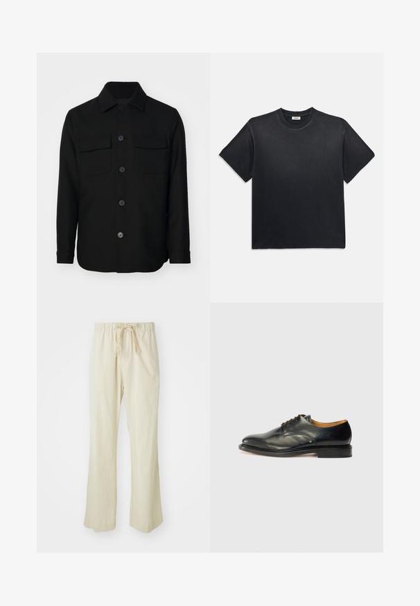 Čierna koženka vyrobená z hladkej textílie. Má špicatý golier, predné gombíky a dve náprsné vrecká s chlopňami. Dlhé rukávy.; Čierne bavlnené tričko s okrúhlym výstrihom a krátkymi rukávmi. Má voľný strih, hladkú textúru a minimalistický dizajn.; Bežové, voľné nohavice z ľahkej tkaniny. Majú elastický pás s šnúrkou a rozšírený strih nohavíc.; Čierne kožené formálne topánky so hladkým povrchom, zaoblenou špičkou a minimálnym šnurovaním. Majú decentný dizajn a nízku, pevnú gumovú podrážku.