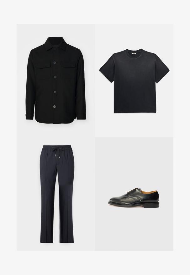 Juodas švarkas, pagamintas iš lygaus audinio. Savybės: smailus apykaklė, priekiniai mygtukai ir dvi krūtinės kišenės su sklendėmis. Ilgos rankovės.; Juodas medvilninis marškinėliai su apvaliu kaklu ir trumpomis rankovėmis. Turi laisvą siluetą, lygią tekstūrą ir minimalistinį dizainą.; Juodos, tamprios kelnės su elastinga juosta ir raišteliu. Tiesus kirpimas, su šoninėmis kišenėmis ir lygiu, minkštu paviršiumi.; Juodas odinis suknelės batelis su lygiu paviršiumi, apvalia nosimi ir minimaliai surišamais raišteliais. Joje yra subtilus dizainas ir žemas, tvirtas gumos padas.