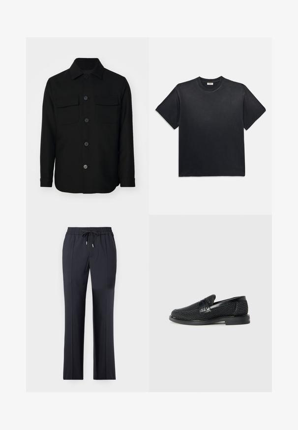 Sort skjortejakke lavet af et glat stof. Har en spids krave, frontknapper og to brystlommer med klapper. Lange ærmer.; Sort bomuld t-shirt med rund halsudskæring og korte ærmer. Har en afslappet pasform, glat tekstur og minimalistisk design.; Sorte, strækbare bukser med elastisk talje og snøre. Lige snit med sidelommer og en glat, blød tekstur.; Sort vævet slip-on sko med en glat læderdetalje på overdelen, en rund tådesign og en lavprofil gummisål.