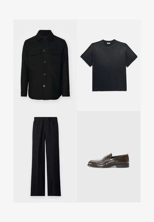Melnas krekla jakas, kas izgatavota no gludas auduma. Iezīmes punktota apkakle, priekšējie pogas un divas krūšu kabatas ar atloka. Garas piedurknes.; Melna kokvilnas T-kreklā ar apaļu kakla izgriezumu un īsām piedurknēm. Iezīmējas ar brīvu piegriezumu, gludu tekstūru un minimālistisku dizainu.; sandro LARGE - Auduma bikses - noir; Brūni ādas loafers ar gludu apdari, apaļu purngalu, dekoratīvu šuvju un kontrastējošu sarkanu akcentu uz papēža. Gumijas zole.
