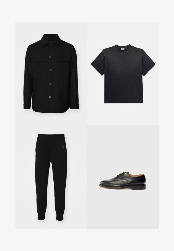Fekete ingdzseki sima anyagból készült. Éles gallérral, elülső gombokkal és két mellzsebbel rendelkezik, fedéllel. Hosszú ujjakkal.; Fekete pamut póló kerek nyakkivágással és rövid ujjakkal. Lazább fazon, sima textúra és minimalista design jellemzi.; Fekete pamut melegítőnadrág, állítható derékpánttal, szűkített lábakkal és hímzett logóval a bal oldalon. Simaszerkezet.; Fekete bőr dresszcipő sima felülettel, kerek orral és minimális fűzéssel. Diszkrét dizájn jellemzi, alacsony, masszív gumitalpakkal.