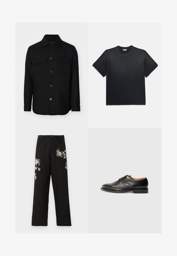 Veste noire en tissu lisse. Dotée d'un col pointu, de boutons sur le devant, et de deux poches poitrine avec rabats. Manches longues.; T-shirt en coton noir avec un col rond et des manches courtes. Présente une coupe décontractée, une texture lisse et un design minimaliste.; Pantalons larges noirs avec broderie florale dans des tons crème. Présente des poches avant et une fermeture à bouton, fabriqués en un textile lisse.; Chaussure habillée en cuir noir avec une finition lisse, un bout arrondi et un laçage minimal. Présente un design subtil et une semelle en caoutchouc basse et robuste.