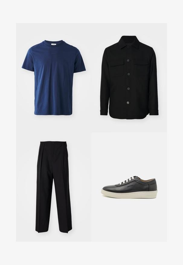 Zwarte shirtjack gemaakt van een gladde stof. Heeft een puntkraag, knopen aan de voorkant en twee borstzakken met kleppen. Lange mouwen.; Marineblauwe katoenen T-shirt met korte mouwen, ronde halslijn en subtiele logodetails aan de voorkant. Gladde textuur met een klassieke pasvorm.; Zwarte geplooide broeken met een rechte, brede pijpontwerp. Gemaakt van soepele stof, met een knoopsluiting en riemlussen.; Zwarte leren sneaker met een witte rubberen Zool, ronde neus en platte veters, voorzien van zijstiksels en subtiele branding.