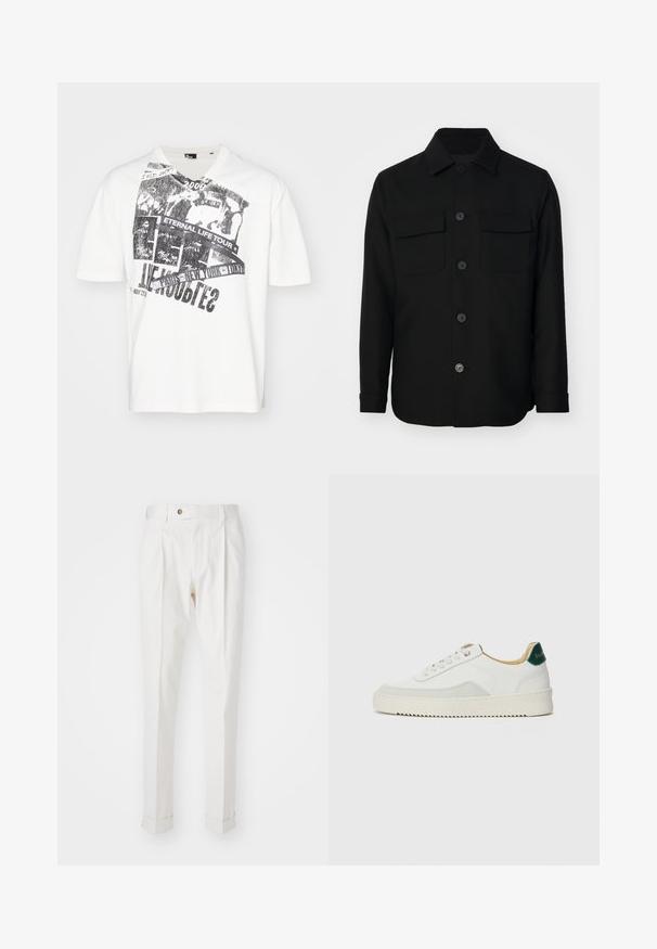 Musta takki, joka on valmistettu sileästä kankaasta. Siinä on terävä kaulus, etupainikkeet ja kaksi rintataskua läpällä. Pitkät hihat.; Valkoinen puuvillapaita, jossa on musta graafinen printti, jossa lukee "IKUISEN ELÄMÄN KIERTUE" ja "2008". Lyhyet hihat ja V-pääntie.; Valkoiset, muotoillut housut, joissa on tasainen etuosa, kaksi taitetta ja käärityt lahkeet. Valmistettu sileästä kankaasta, jossa on nappisuljenta vyötäröllä.; Valkoiset tennarit, joissa on nahkaosia, pyöreä kärki, tasaiset nauhat ja kermaisa kumi-pohja. Takana vihreä brändäys.