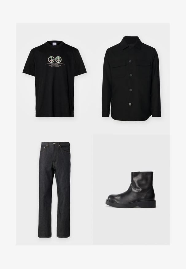 Juodas švarkas, pagamintas iš lygaus audinio. Savybės: smailus apykaklė, priekiniai mygtukai ir dvi krūtinės kišenės su sklendėmis. Ilgos rankovės.; Juodas medvilninis marškinėliai su dviem taikos ženklo grafikomis ir tekstu: "SVETOVAI, PRIKLAUSANTYS IŠ UŽ MĖLYNO AKMENS" daugiakampėje spausdinimo technikoje.; Tamsiai mėlynos džinsinės kelnės su tiesiomis kojomis. Yra penki kišenės, oranžiniai siūlai ir mygtukų užsegimas juosmens vietoje.; Juodos odinės nėriniuotos aulinės botai su apvalia nosimi, lygia tekstūra ir masyviu juodu guminio pado. Minimalistinis dizainas be matomų detalių.