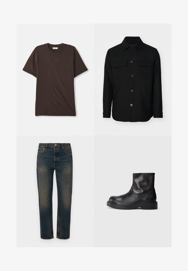 Must mustriga särk, mis on valmistatud siledast kangast. Omab teravat kaelust, esist muudatused ning kahte rinna taskut lipukestega. Pika varrukaga.; Tumepruun lühikeste varrukate ja ümarat kaelusega T-särk, millel on "SANDRO" logo keskelt rinnal ja silt kaeluses.; Tumedate sinine teksapüksid sirge lõikega, viie taskuga disain, nupukinnitus ja heledad kulumise detailid tekstuuri jaoks.; Mustad mustad nahast pahkluu saapad, ümmarguse varbaga, sileda tekstuuri ja massiivse musta kummitaldaga. Minimalistlik disain ilma nähtava riistvara.