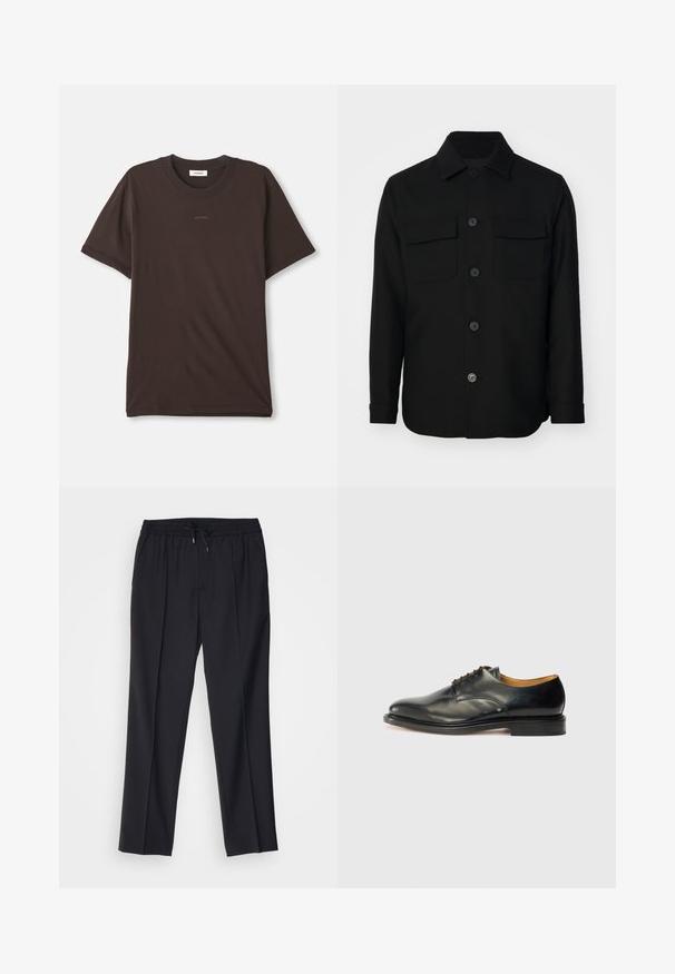 Fekete ingdzseki sima anyagból készült. Éles gallérral, elülső gombokkal és két mellzsebbel rendelkezik, fedéllel. Hosszú ujjakkal.; Sötétbarna, rövid ujjú környakú póló, középen "SANDRO" logóval a mellkasán és egy címkével a nyakkivágás belső részén.; sandro ALPHA - Vászonnadrágok - noir; Fekete bőr dresszcipő sima felülettel, kerek orral és minimális fűzéssel. Diszkrét dizájn jellemzi, alacsony, masszív gumitalpakkal.